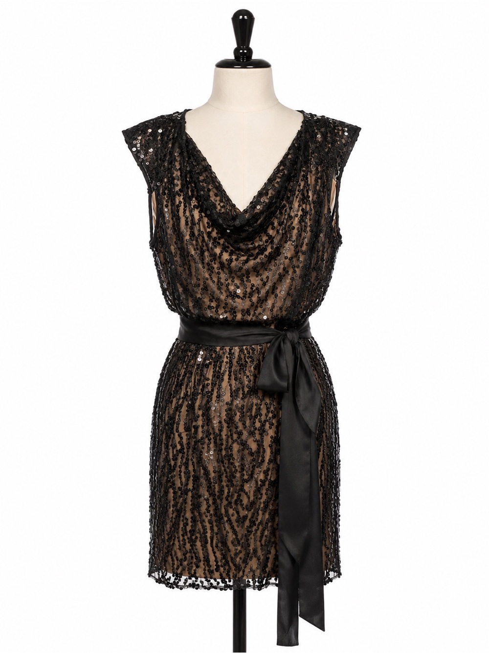 Laundry by Design Black Sequin Cowl Mini Dress with Satin Sash NWT